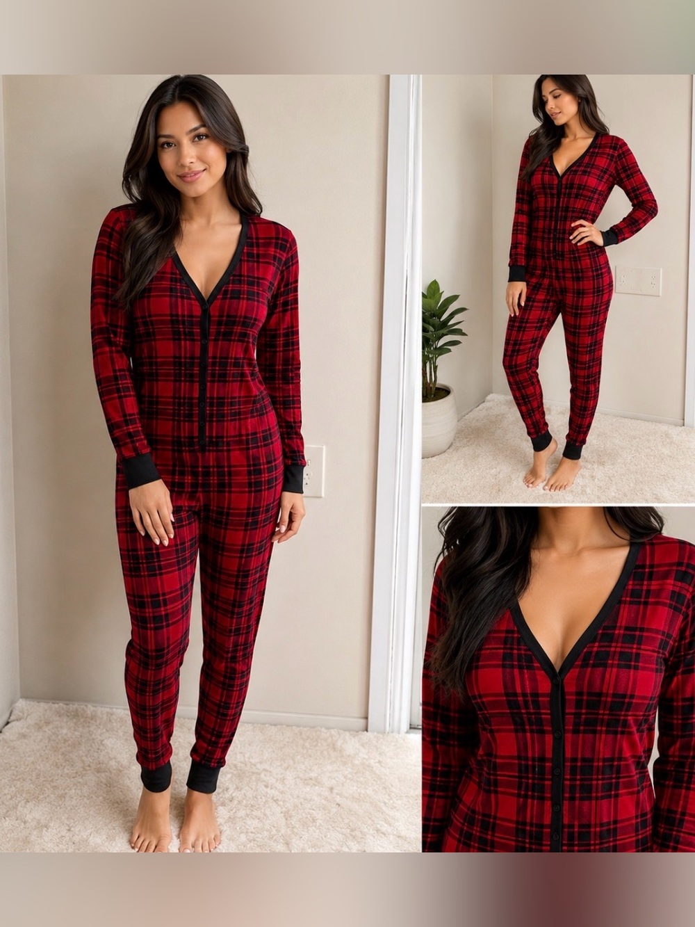 Victoria’s Secret Red & Black Plaid Thermal One Piece Pajama PJ Size Large NWT